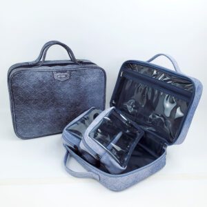 Faux denim PU travel bag and cosmetic bag