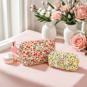 Floral pattern quilted cotton cosmetic bag