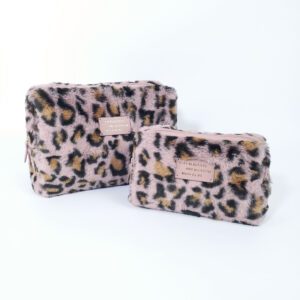 Pink Leopard Pattern Plush Teddy Fabric Cosmetic Bag